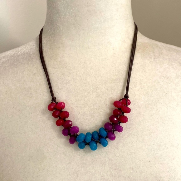 Fossil Colorful Pink Purple Blue Beaded Bohemian Beach Summer Cord Necklace - Picture 1 of 13